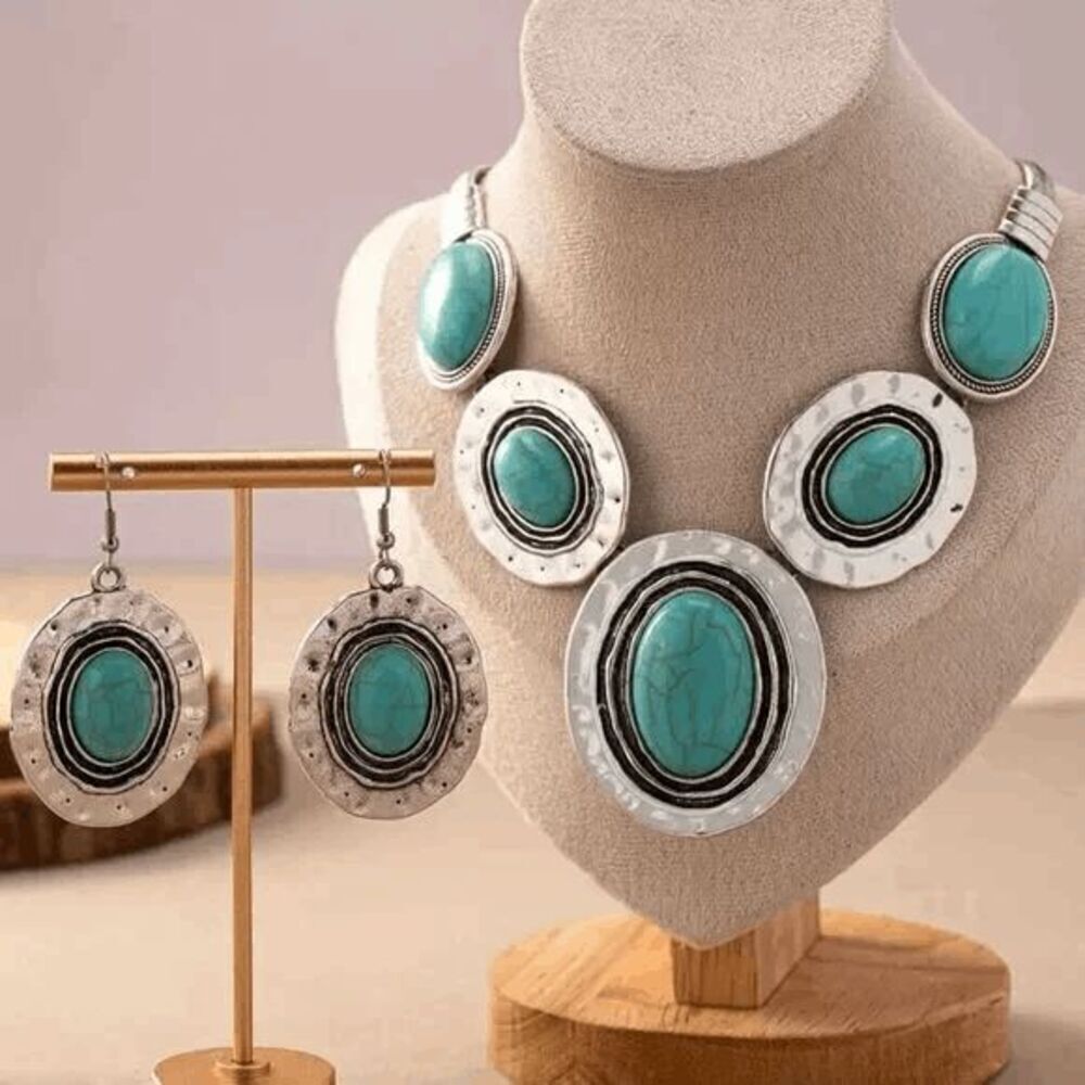 Western Boho Turquoise Silver Necklace and Earring Set - Picture 2 of 11